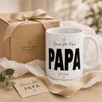 Mug céramique blanc 11 oz présenté avec ses dimensions et sa contenance approximative