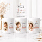 Tasse nounou personnalisée avec date spéciale et petit message de remerciement imprimé sur mug blanc