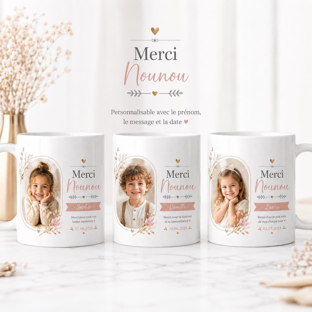 Tasse nounou personnalisée avec date spéciale et petit message de remerciement imprimé sur mug blanc