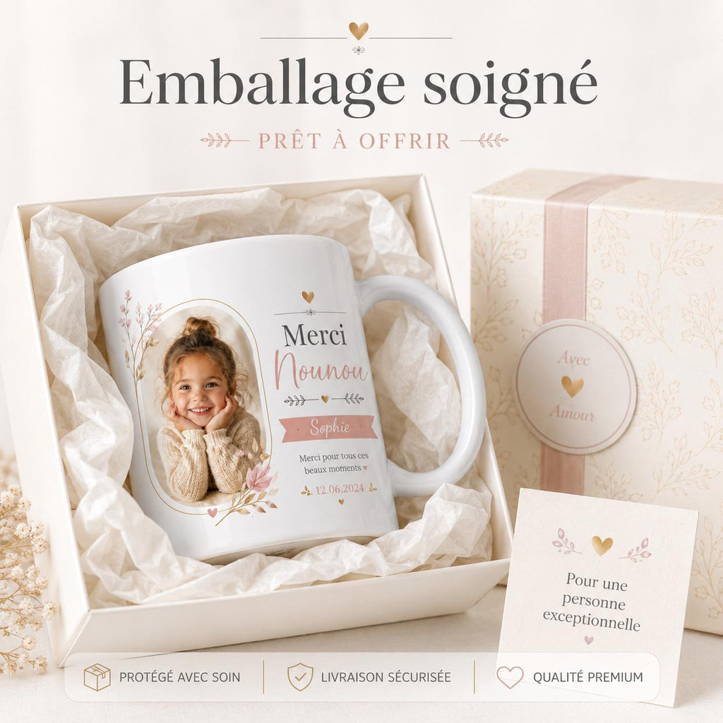 Mug cadeau nounou personnalisé présenté comme idée cadeau de remerciement pour nounou ou assistante maternelle