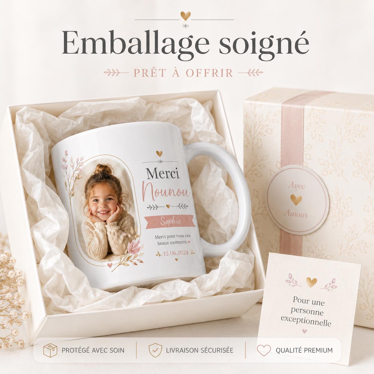 Mug cadeau nounou personnalisé présenté comme idée cadeau de remerciement pour nounou ou assistante maternelle