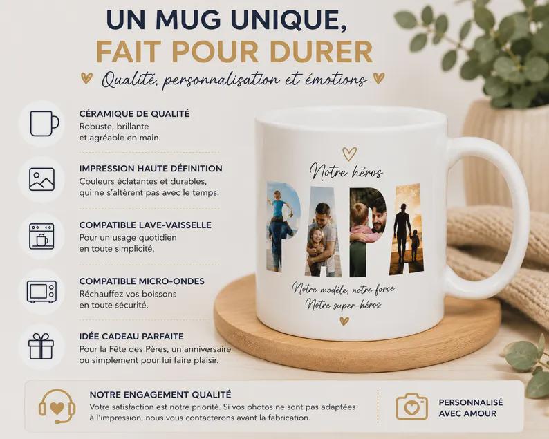 Mug Personnalisé Papa Photo - Cadeau Fête des Pères - Mug Personnalisable avec Photo et Texte Idée Cadeau Papa Anniversaire Tasse Céramique