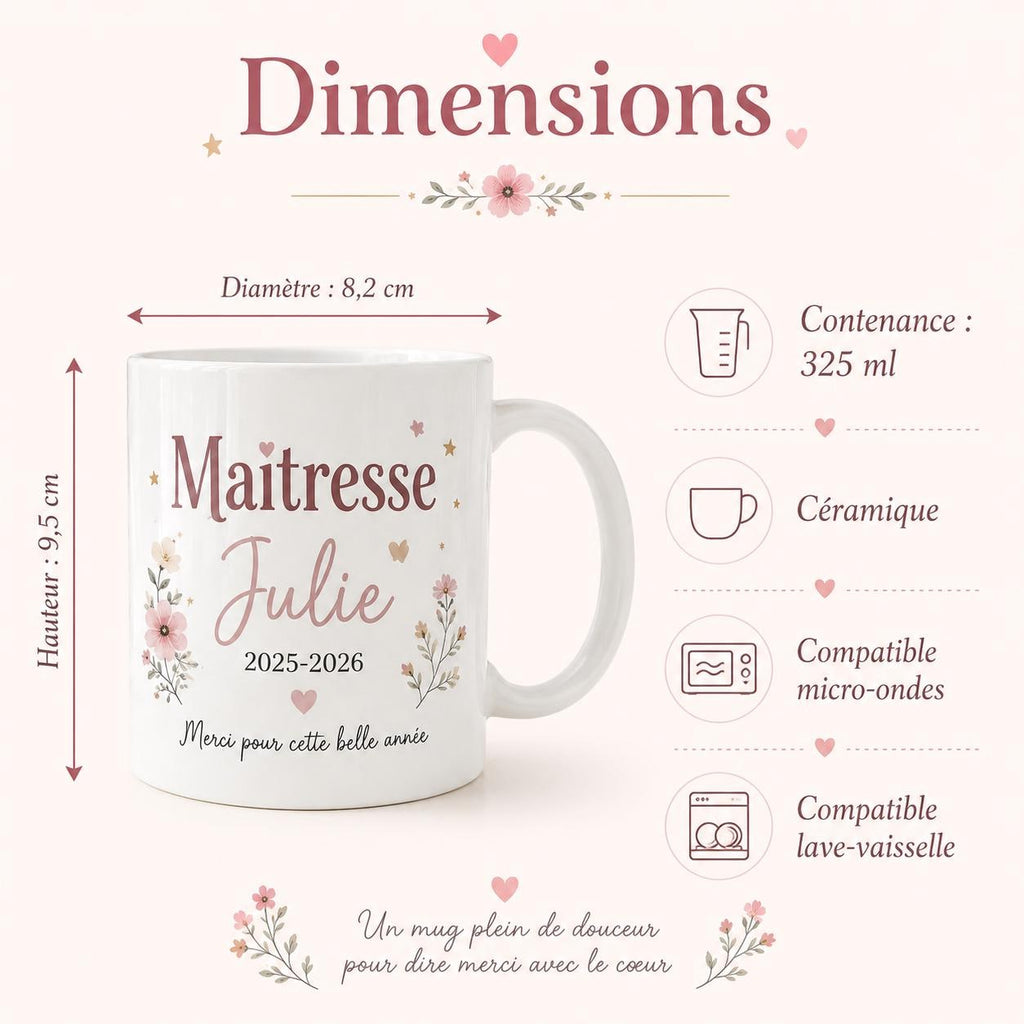 Mug maîtresse avec anse confortable, cadeau personnalisé pratique pour remercier une institutrice