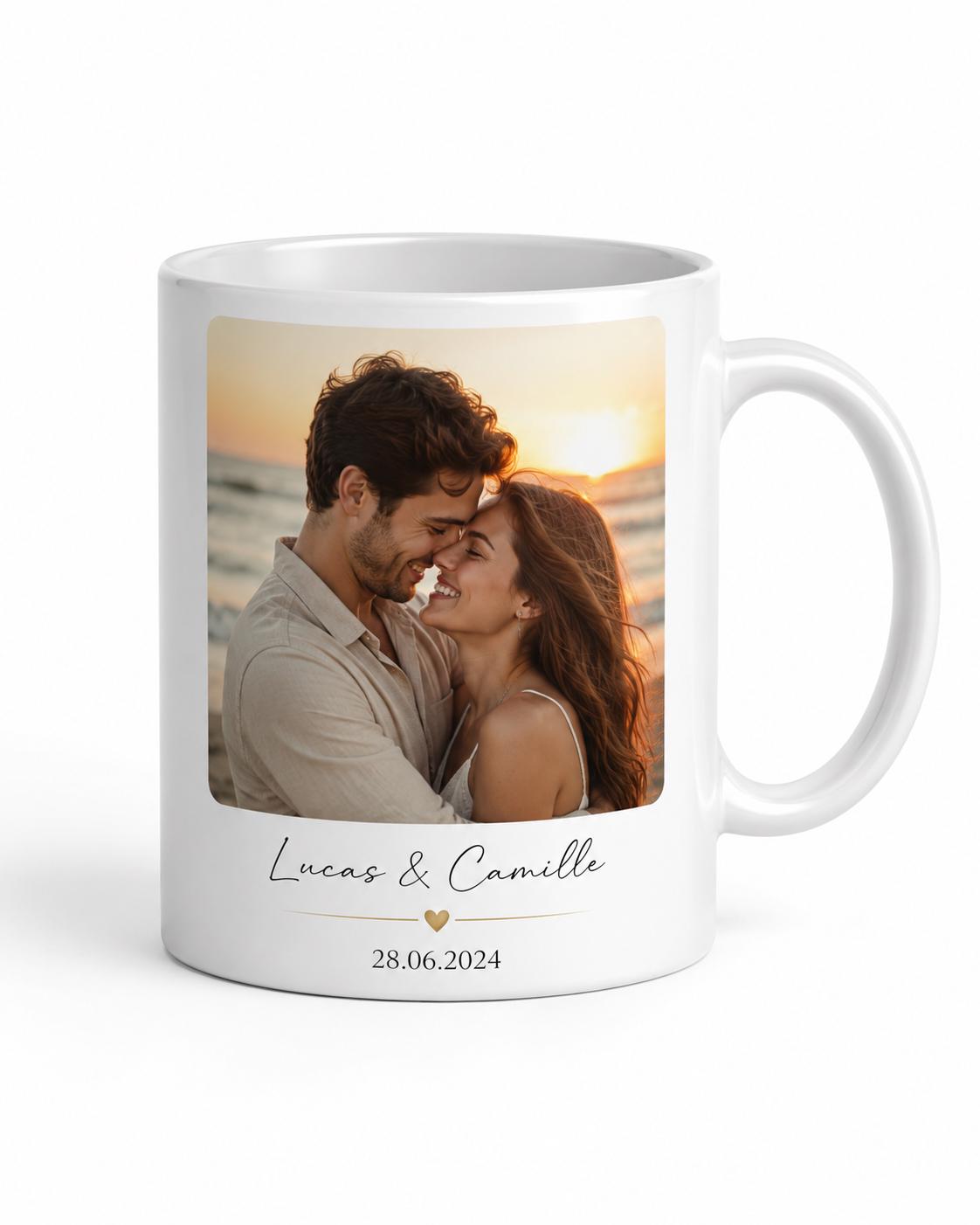 Mug personnalisé photo – Tasse photo personnalisée céramique avec prénoms et date, cadeau couple ou famille