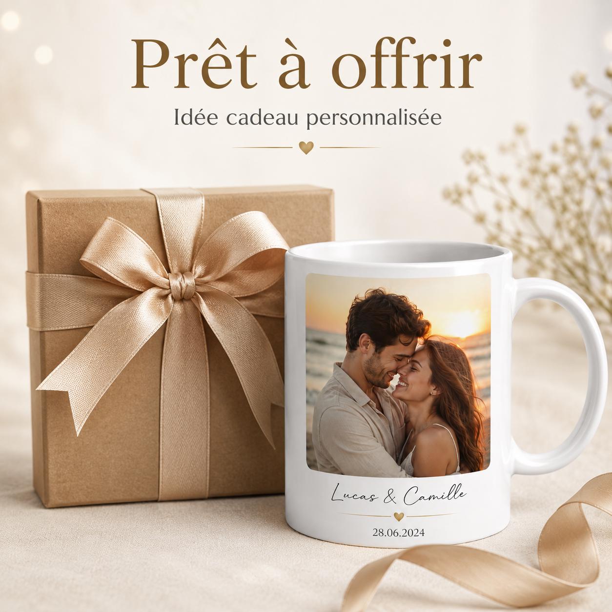 Mug personnalisé photo – Tasse photo personnalisée céramique avec prénoms et date, cadeau couple ou famille