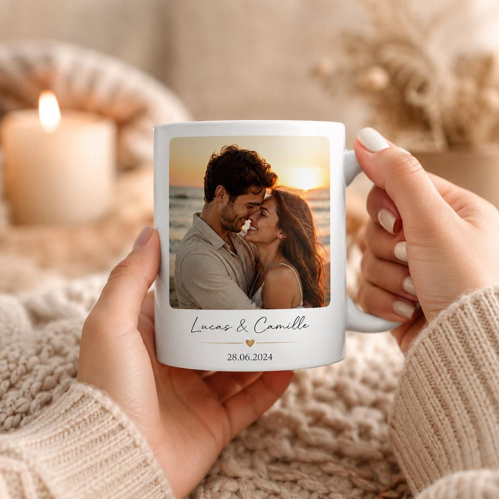 Mug personnalisé photo – Tasse photo personnalisée céramique avec prénoms et date, cadeau couple ou famille