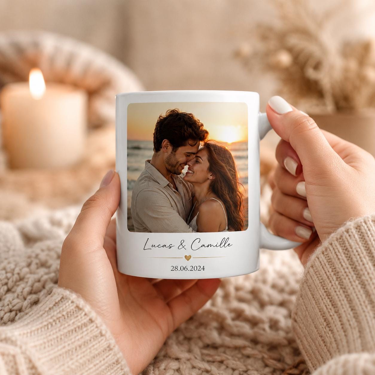Mug personnalisé photo – Tasse photo personnalisée céramique avec prénoms et date, cadeau couple ou famille