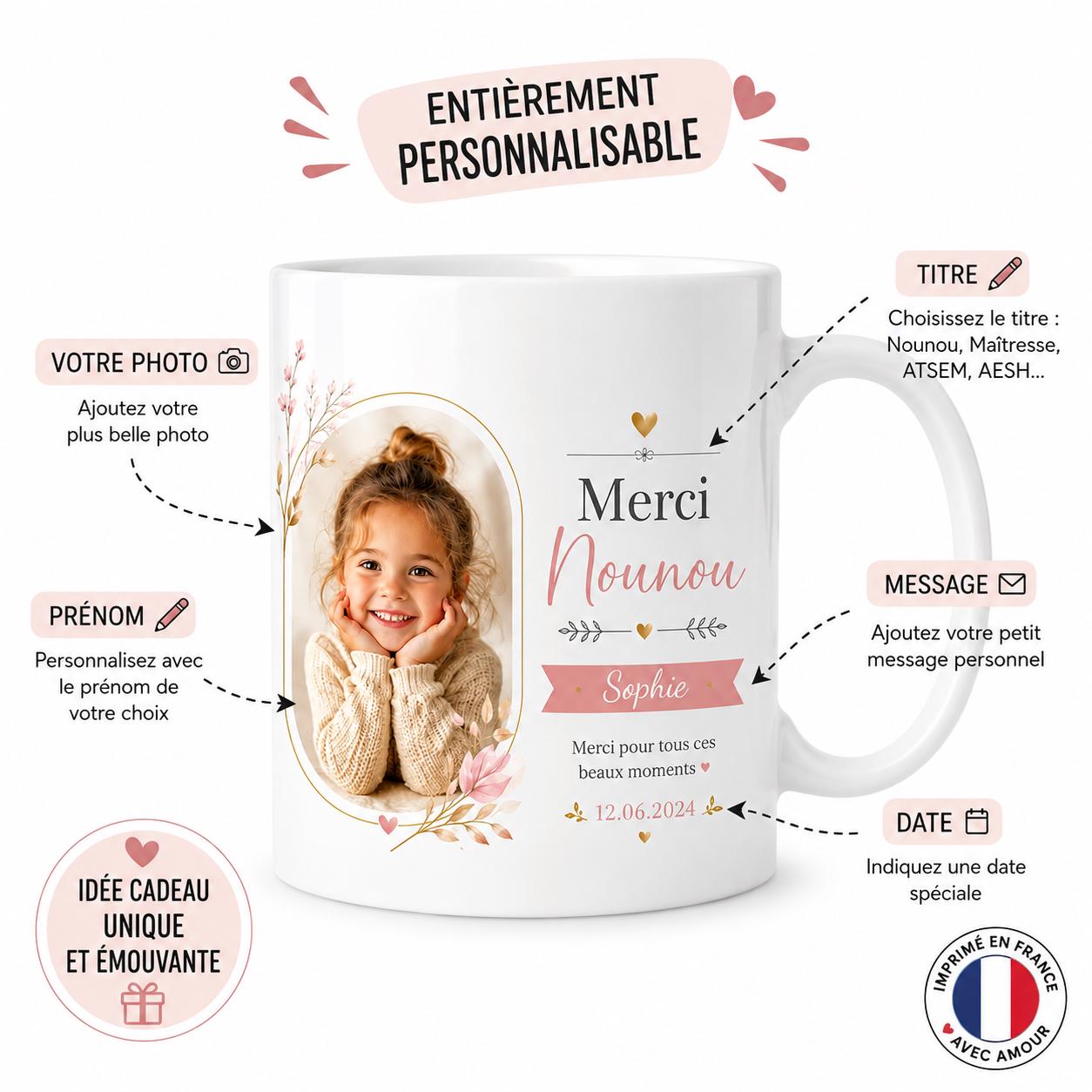 Cadeau Nounou Personnalisé – Mug Photo Prénom Date, Tasse Céramique Merci Nounou, cadeau nounou fin de contrat