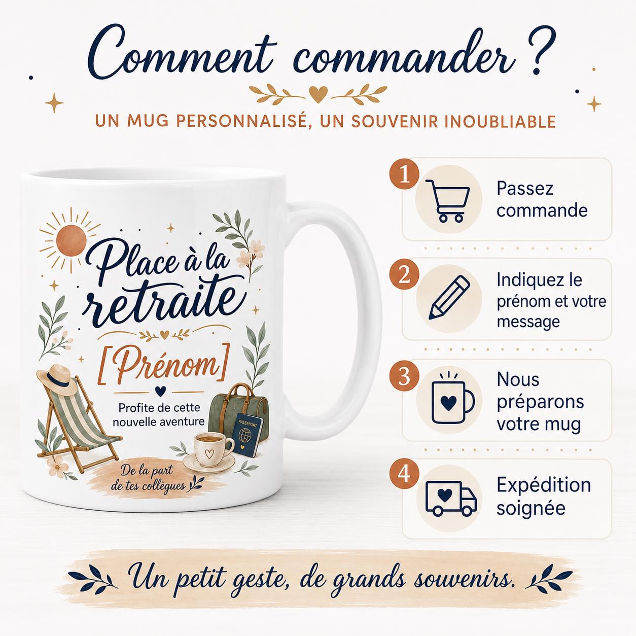 Mug retraite personnalisé en mise en situation cadeau avec décor chaleureux, paquet, carnet, carte merci et ambiance nouvelle aventure.