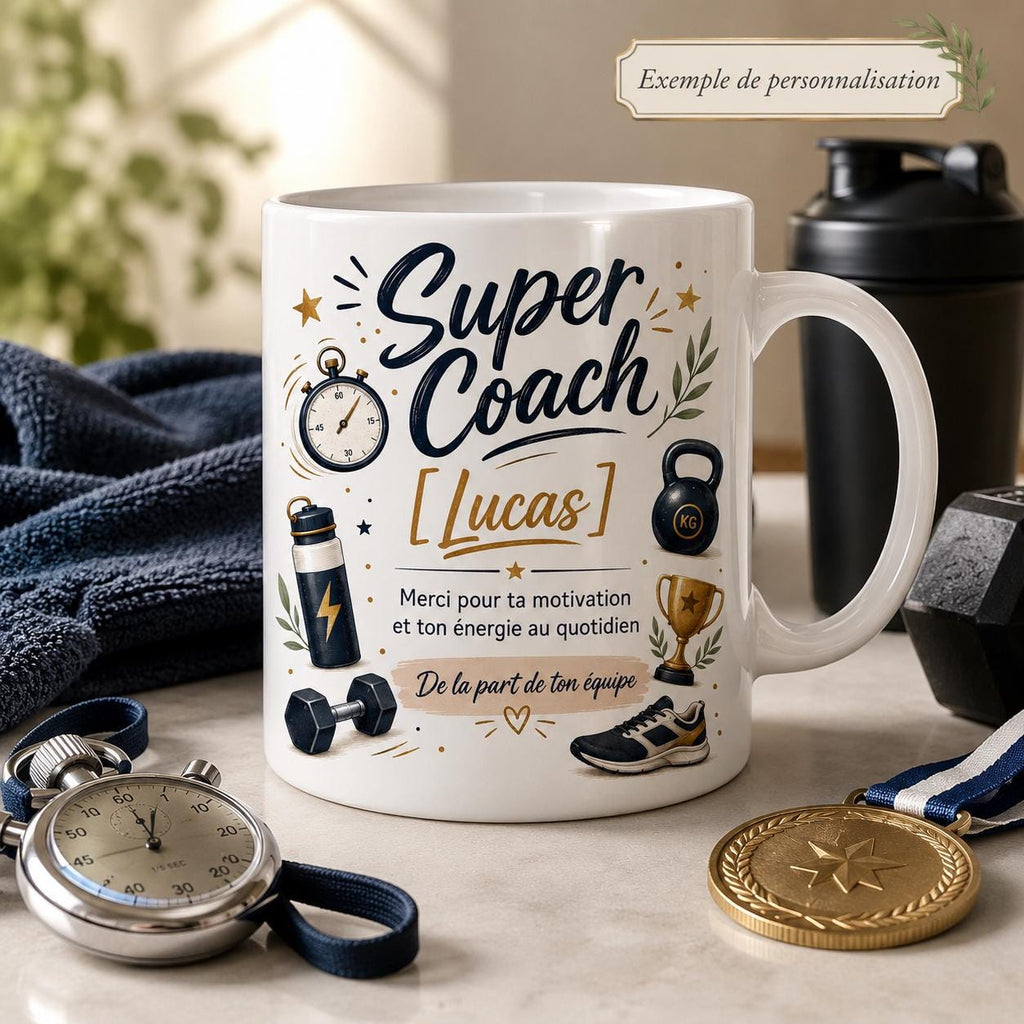 Mug Coach Sportif Personnalisé, Cadeau Merci Coach avec Prénom
