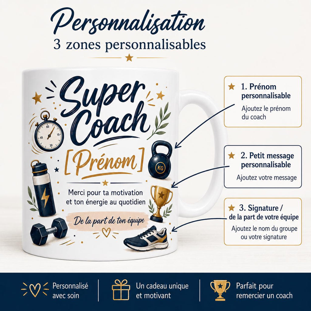 Mug Coach Sportif Personnalisé, Cadeau Merci Coach avec Prénom