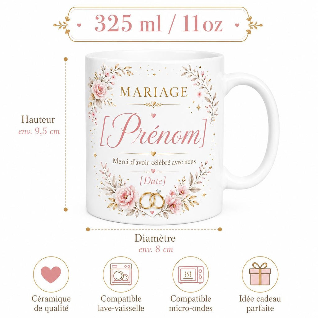 Mug Mariage Invités Personnalisé, Cadeau Souvenir avec Prénom et Date