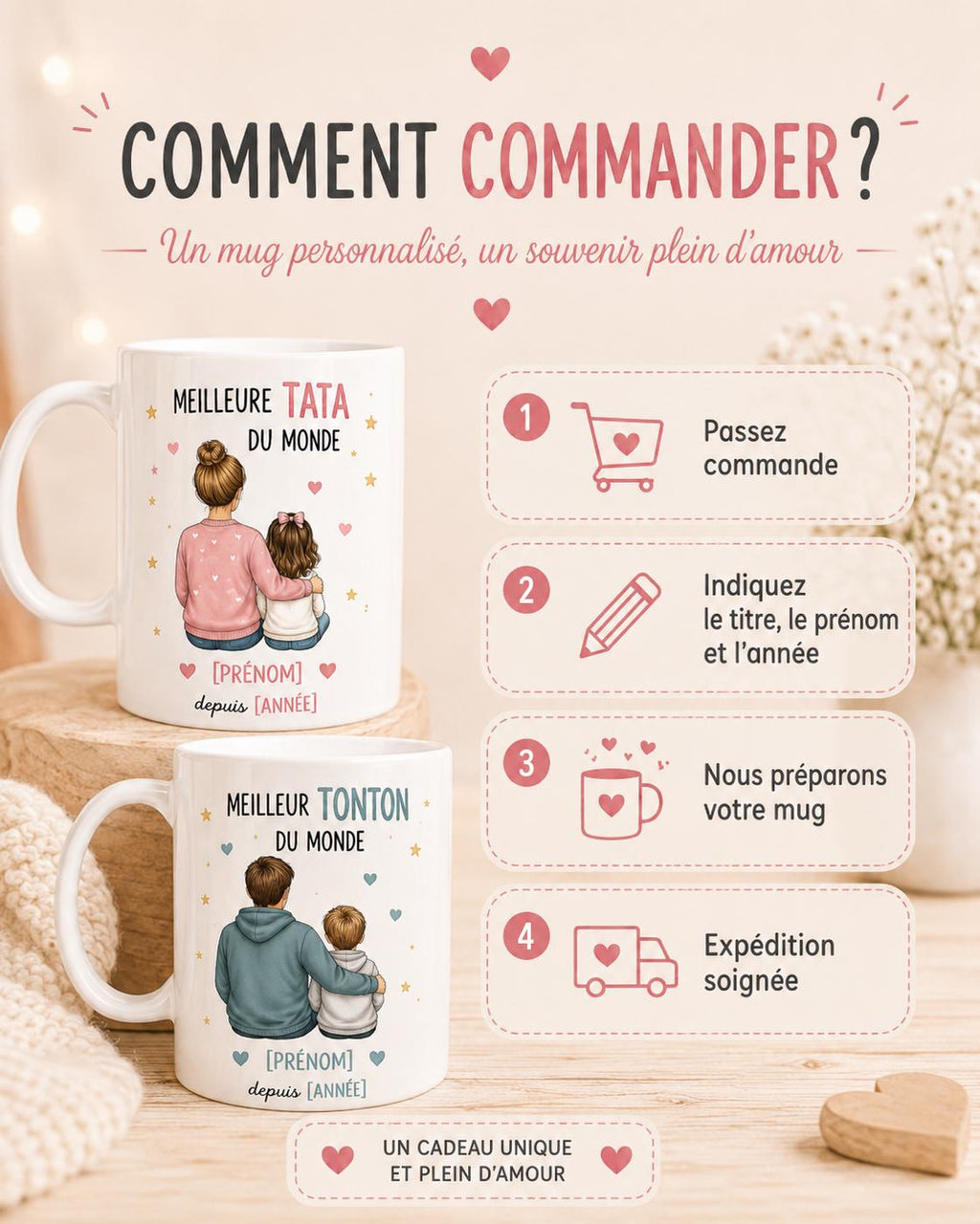 Mug Tata ou Tonton Personnalisé, Cadeau Famille avec Prénom et Message