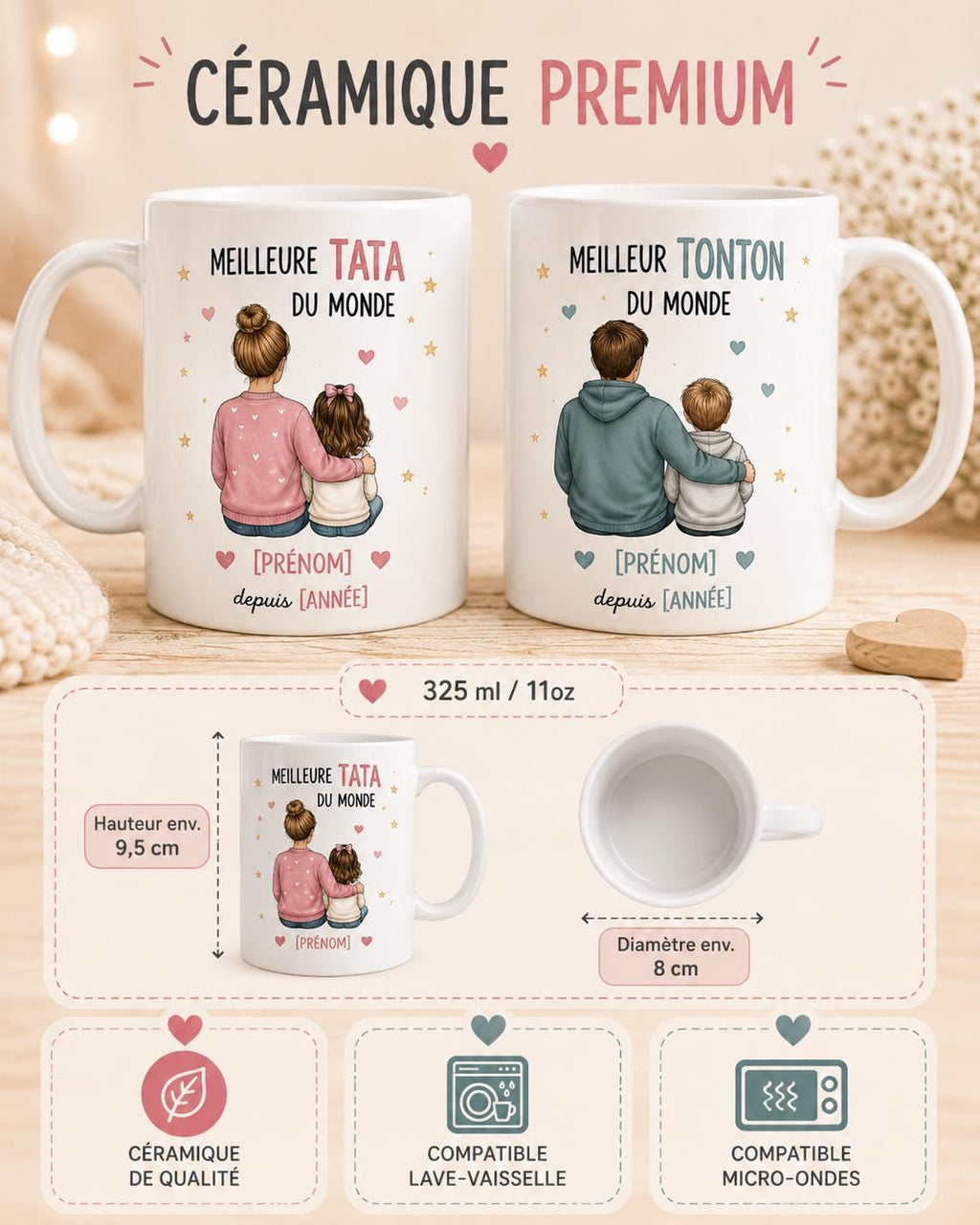 Mug Tata ou Tonton Personnalisé, Cadeau Famille avec Prénom et Message