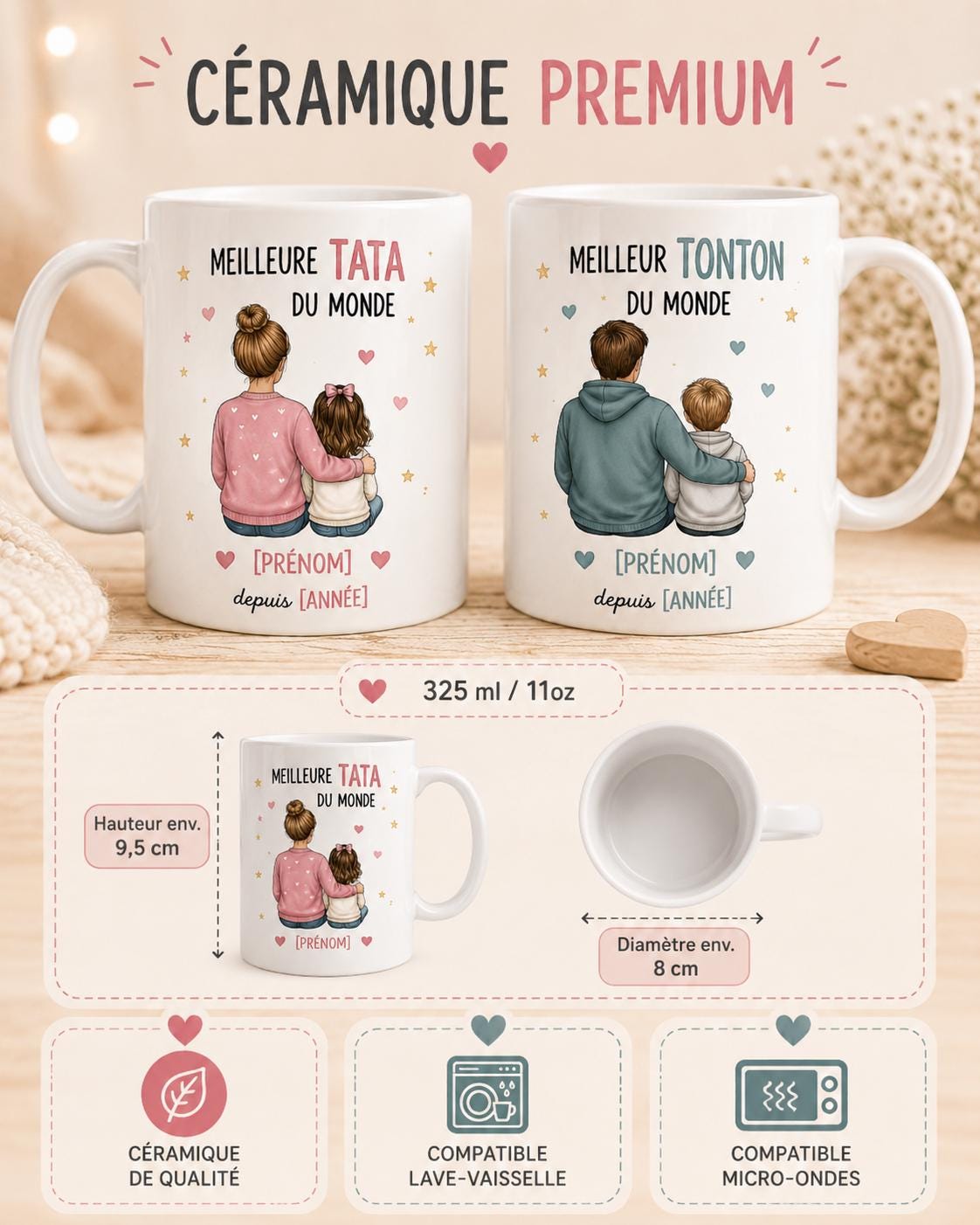 Mug Tata ou Tonton Personnalisé, Cadeau Famille avec Prénom et Message