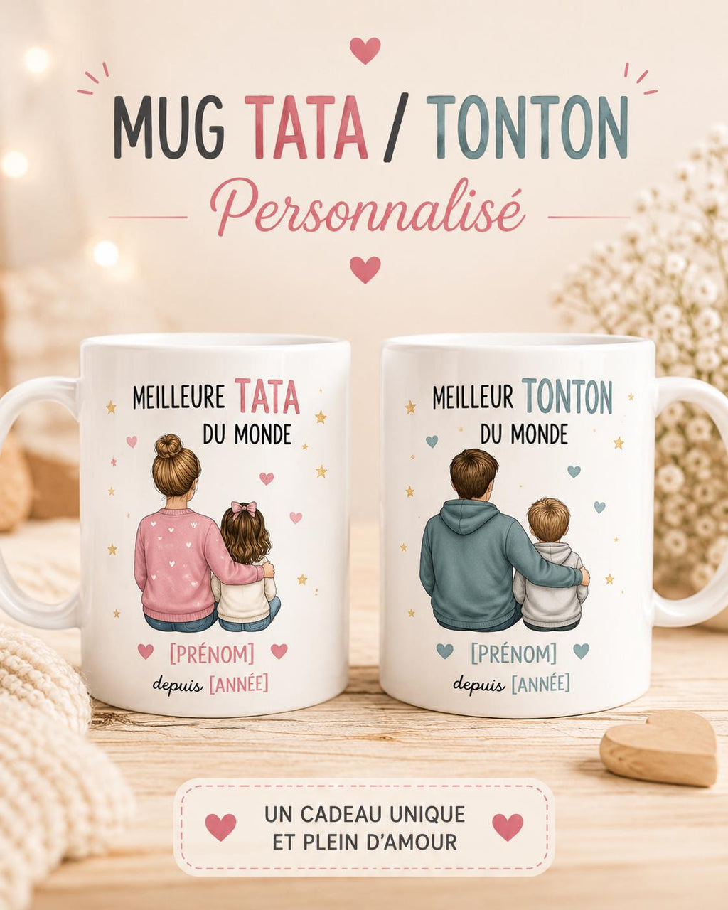 Mug Tata ou Tonton Personnalisé, Cadeau Famille avec Prénom et Message