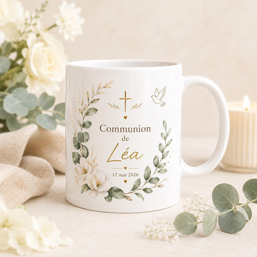 Mug Baptême Communion Personnalisé, Prénom et Date, Cadeau Religieux Enfant Fille Garçon, Tasse Souvenir Chrétien