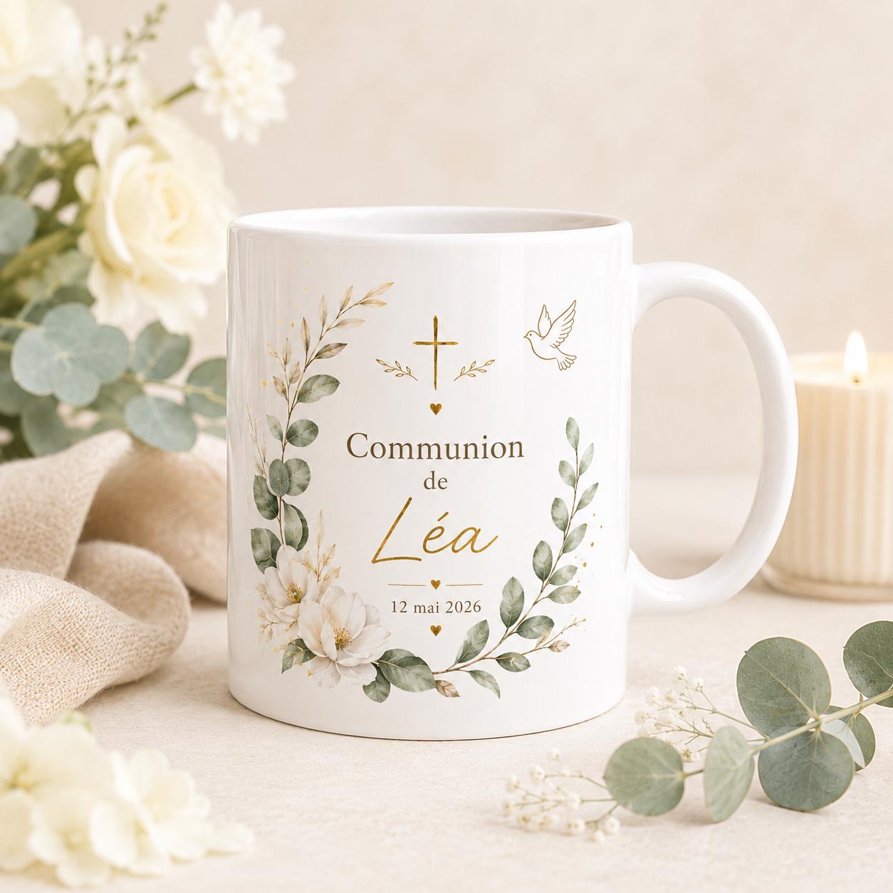 Mug Baptême Communion Personnalisé, Prénom et Date, Cadeau Religieux Enfant Fille Garçon, Tasse Souvenir Chrétien