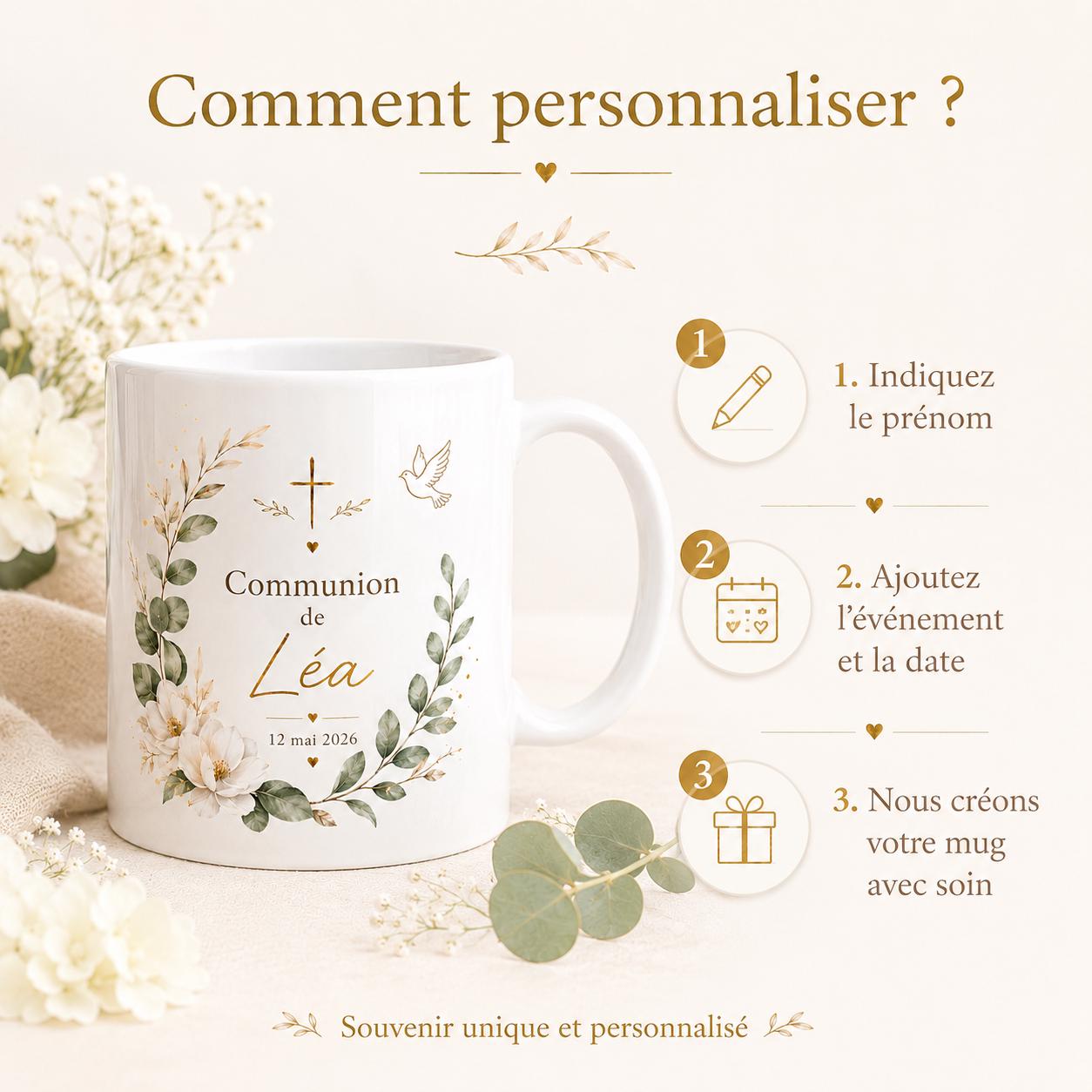 Mug Baptême Communion Personnalisé, Prénom et Date, Cadeau Religieux Enfant Fille Garçon, Tasse Souvenir Chrétien