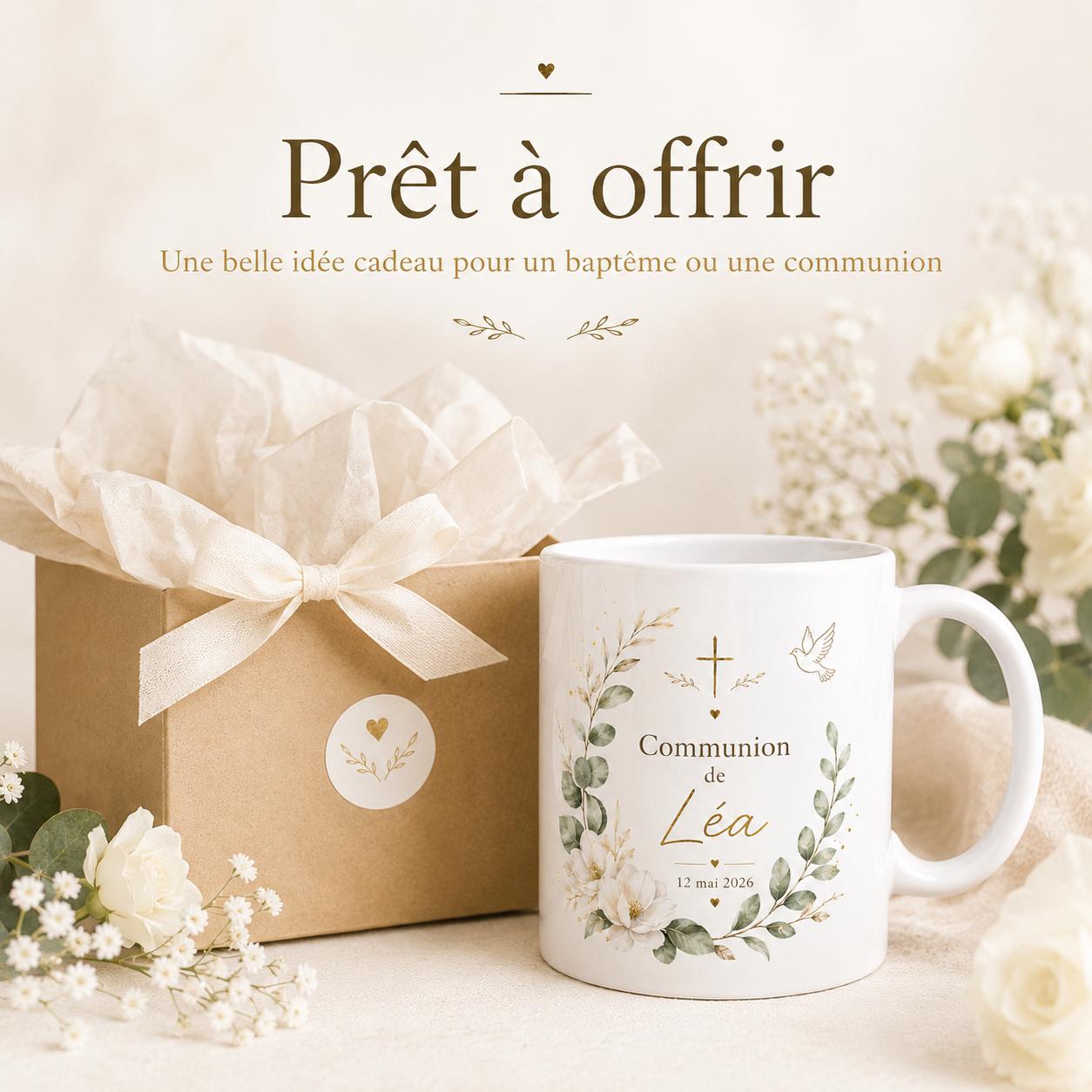 Mug Baptême Communion Personnalisé, Prénom et Date, Cadeau Religieux Enfant Fille Garçon, Tasse Souvenir Chrétien