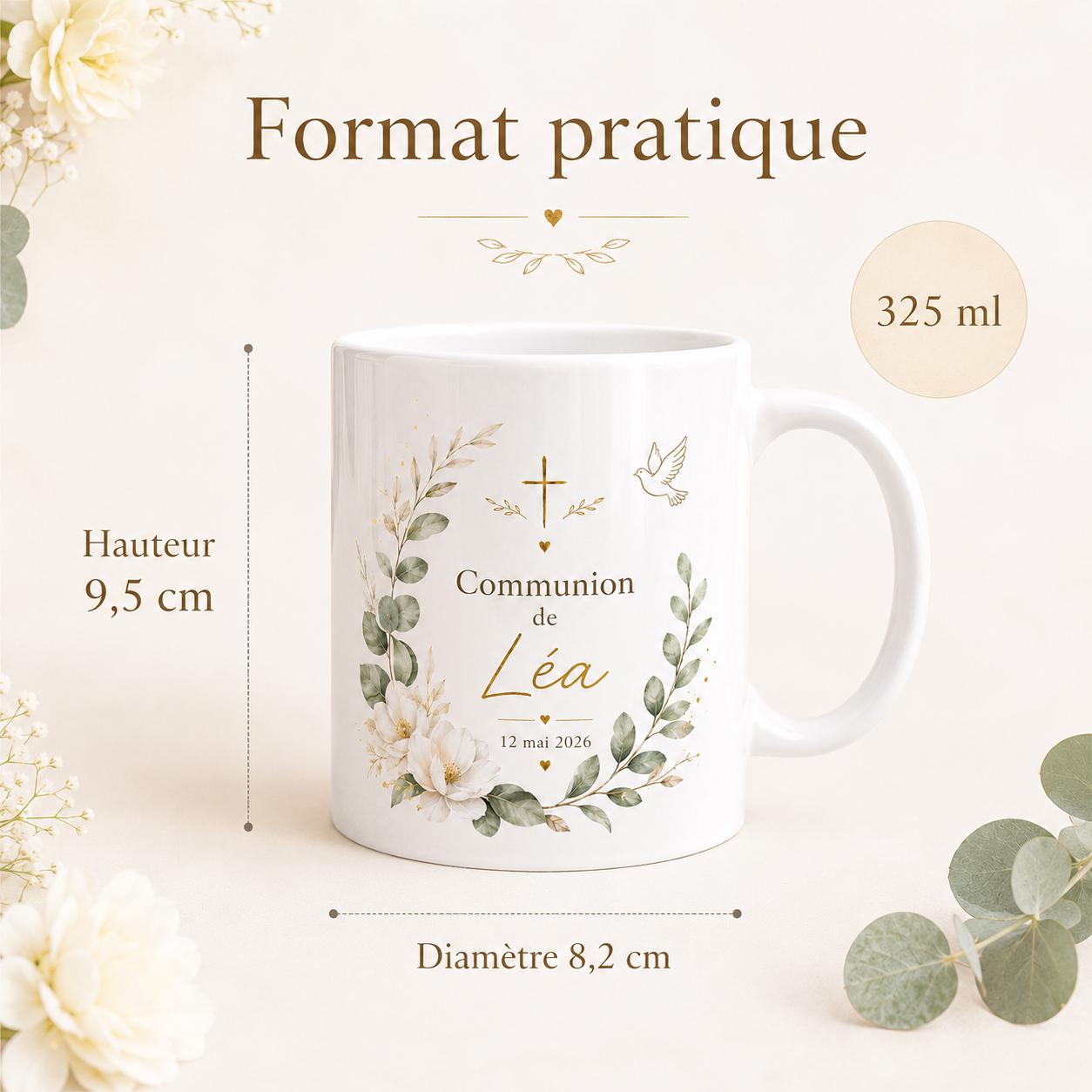 Mug Baptême Communion Personnalisé, Prénom et Date, Cadeau Religieux Enfant Fille Garçon, Tasse Souvenir Chrétien