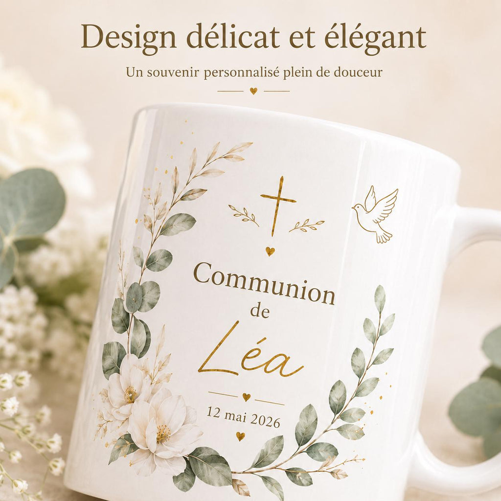 Mug Baptême Communion Personnalisé, Prénom et Date, Cadeau Religieux Enfant Fille Garçon, Tasse Souvenir Chrétien
