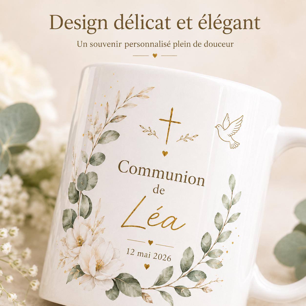 Mug Baptême Communion Personnalisé, Prénom et Date, Cadeau Religieux Enfant Fille Garçon, Tasse Souvenir Chrétien