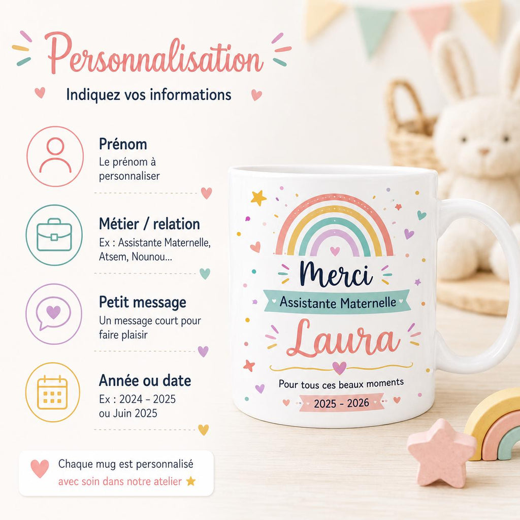 Mug Nounou Personnalisé, Cadeau Assistante Maternelle avec Prénom, Tasse Merci Nounou Fin d’Année, Souvenir Enfant