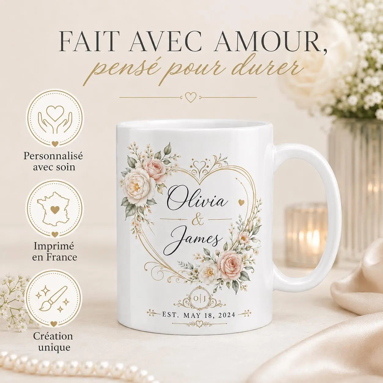 Mug mariage personnalisé prénoms et date