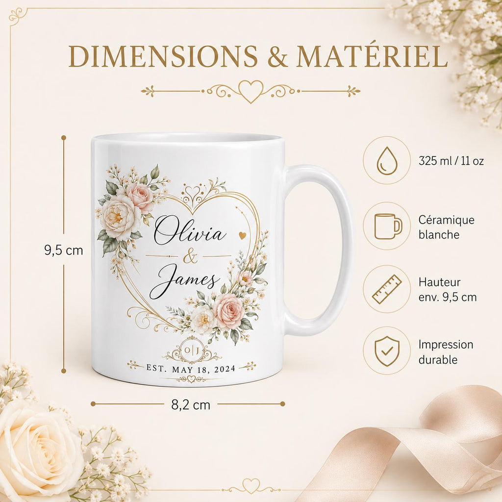 Exemple de mug personnalisé mariage avec les prénoms Camille et Thomas, date du mariage et illustration florale romantique.