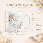 Exemple de mug personnalisé mariage avec les prénoms Camille et Thomas, date du mariage et illustration florale romantique.