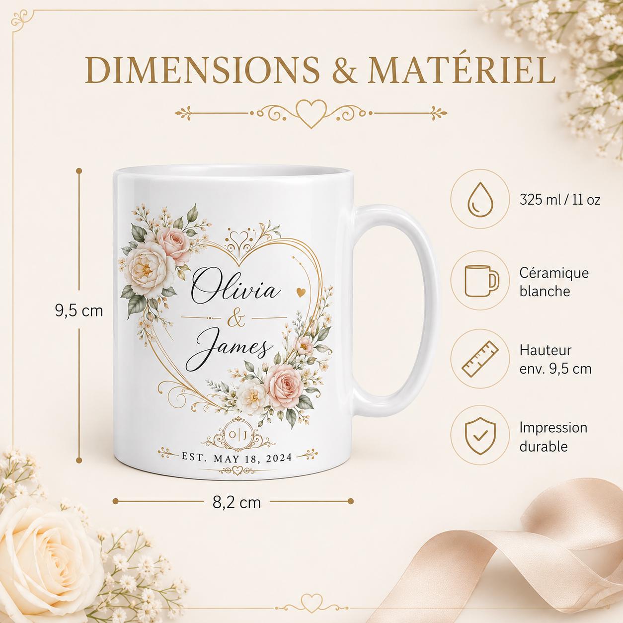 Exemple de mug personnalisé mariage avec les prénoms Camille et Thomas, date du mariage et illustration florale romantique.