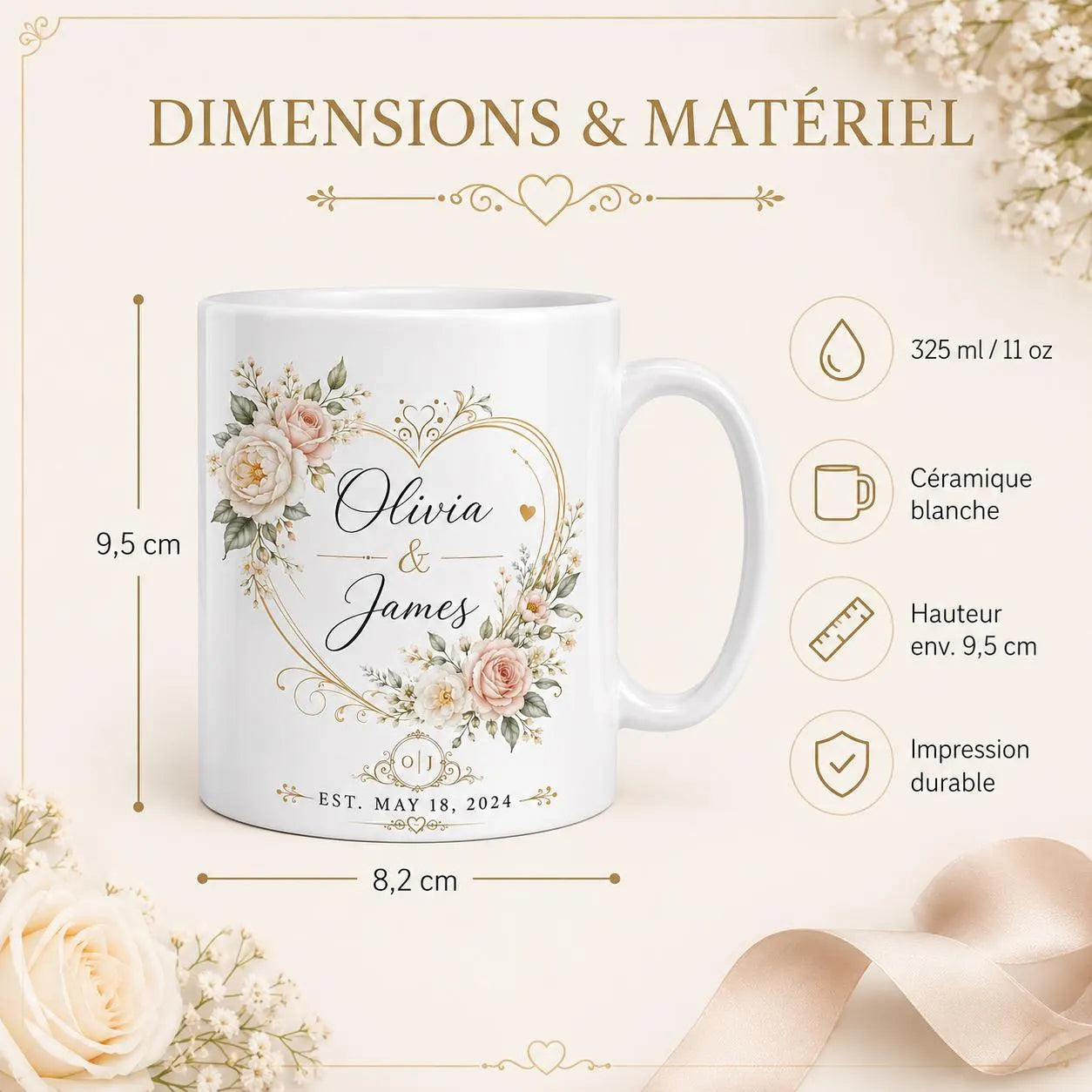 Mug mariage personnalisé prénoms et date