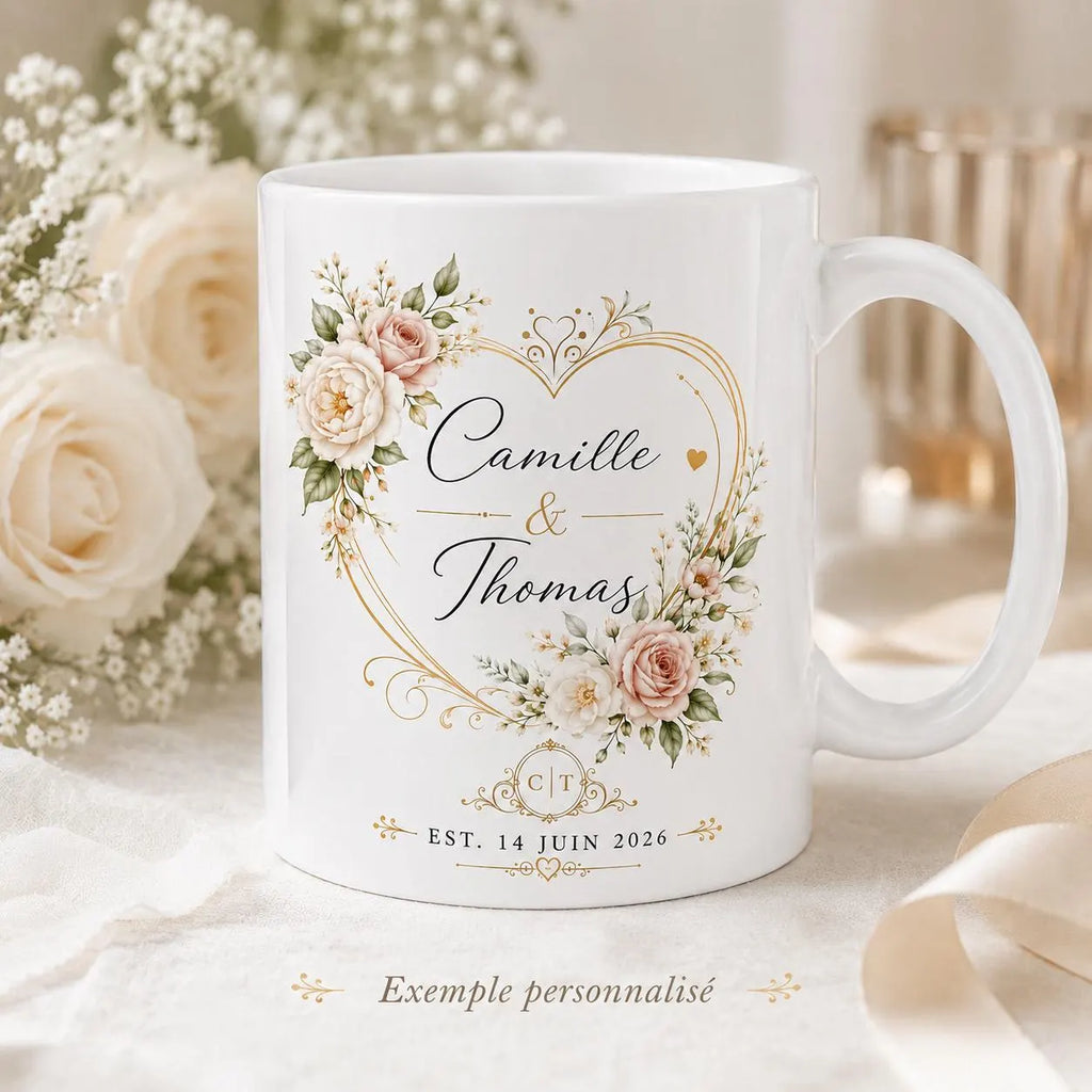 Mug mariage personnalisé prénoms et date