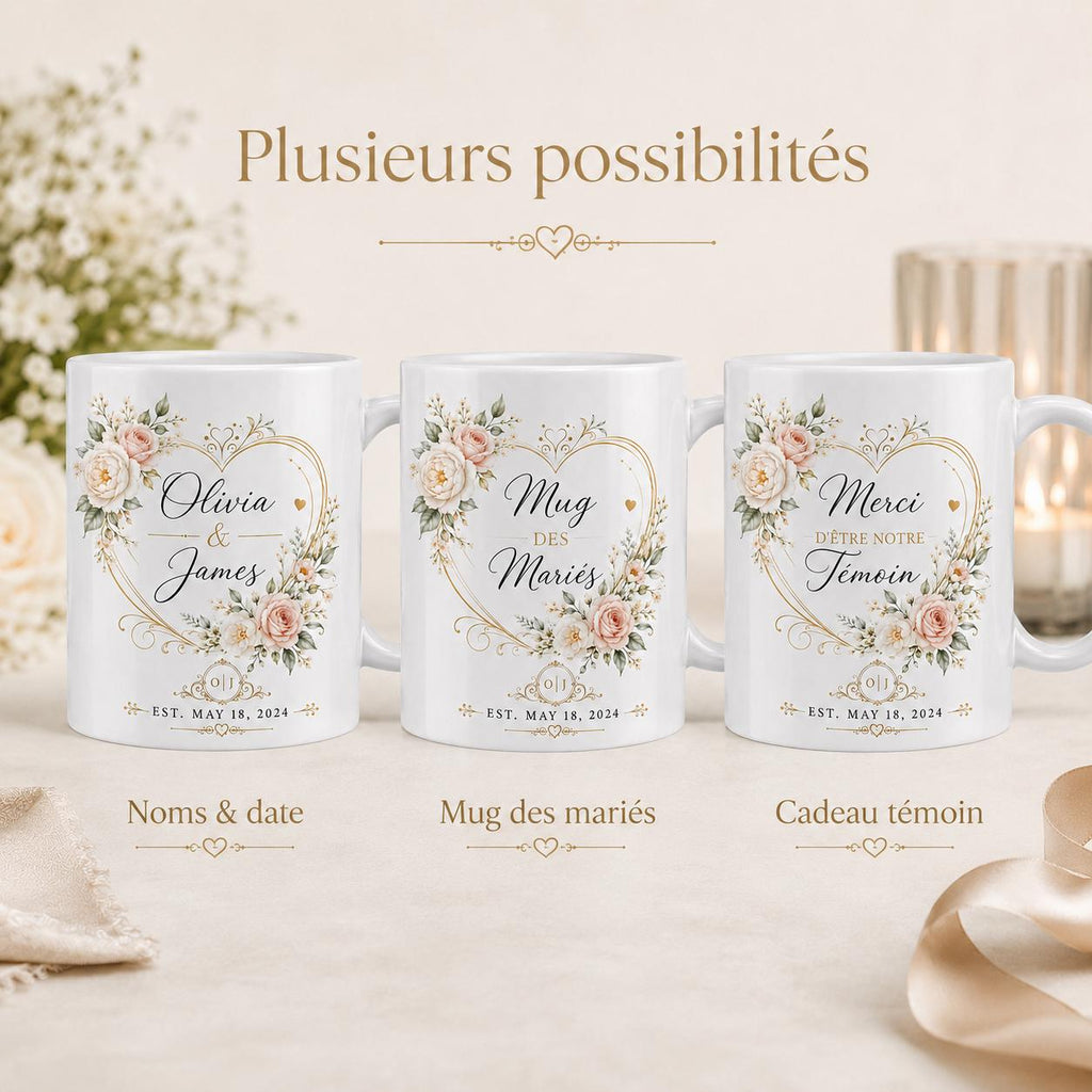 Exemples de mugs personnalisés mariage pour mariés, témoins ou cadeau souvenir avec prénoms, date et texte au choix.