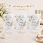 Exemples de mugs personnalisés mariage pour mariés, témoins ou cadeau souvenir avec prénoms, date et texte au choix.