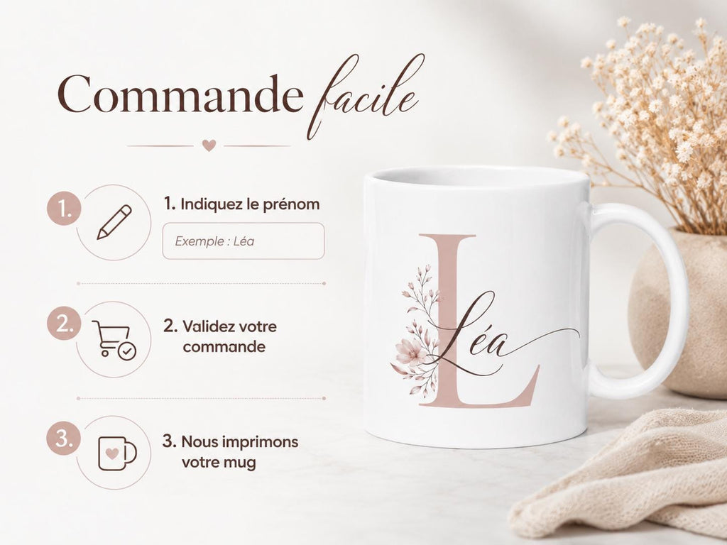 Mug Prénom Personnalisé avec Initiale, Tasse Fleurie Personnalisée, Cadeau Femme, Amie, Maîtresse ou Nounou