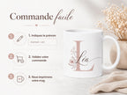 Mug Prénom Personnalisé avec Initiale, Tasse Fleurie Personnalisée, Cadeau Femme, Amie, Maîtresse ou Nounou