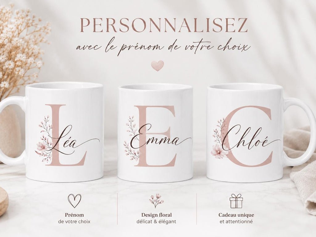 Mug Prénom Personnalisé avec Initiale, Tasse Fleurie Personnalisée, Cadeau Femme, Amie, Maîtresse ou Nounou