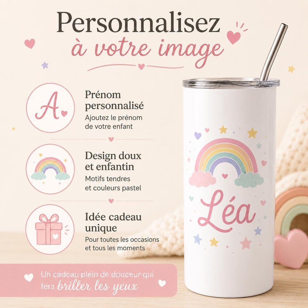 Gourde personnalisée enfant avec prénom, isotherme 591 ml et paille