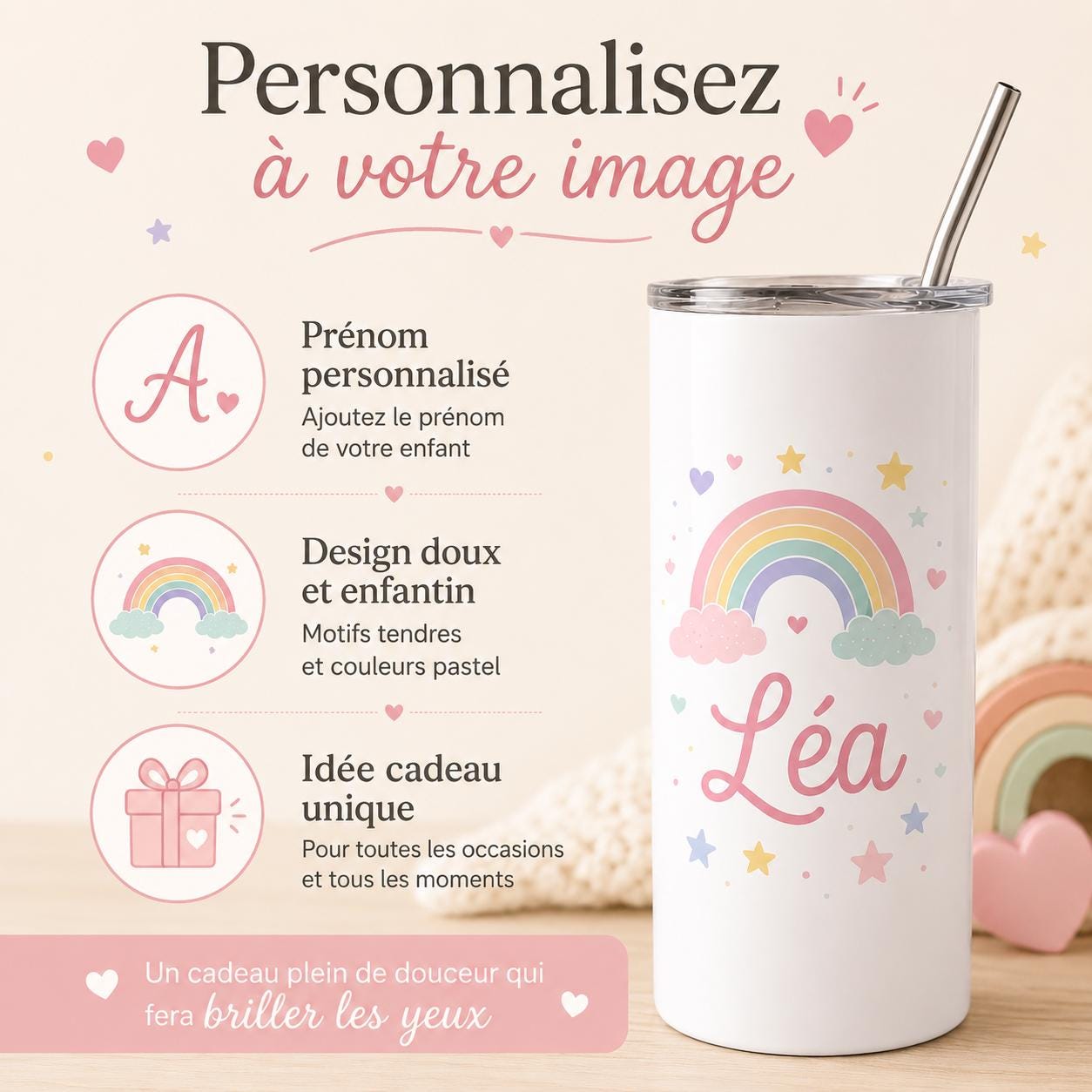 Gourde personnalisée enfant avec prénom, isotherme 591 ml et paille
