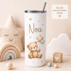 Gourde personnalisée enfant avec prénom – modèle nounours, isotherme 591 ml avec paille