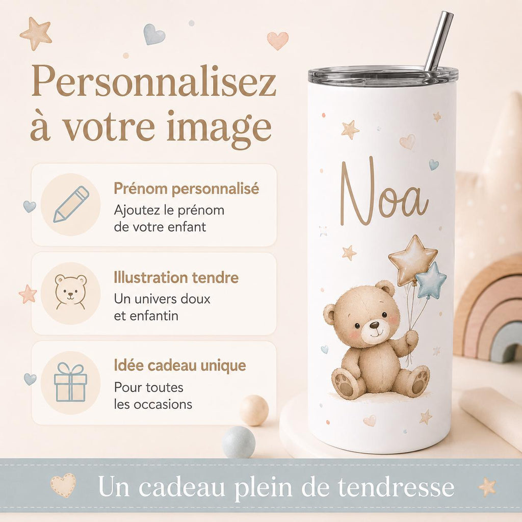 Gourde personnalisée enfant avec prénom – modèle nounours, isotherme 591 ml avec paille