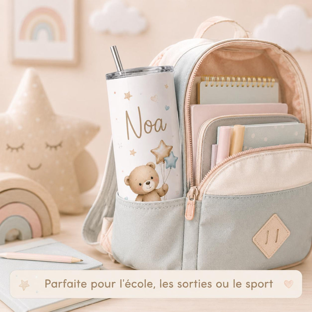 Gourde personnalisée enfant avec prénom – modèle nounours, isotherme 591 ml avec paille