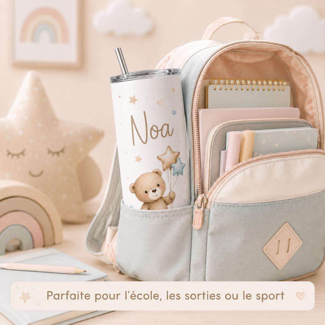Gourde personnalisée enfant avec prénom – modèle nounours, isotherme 591 ml avec paille