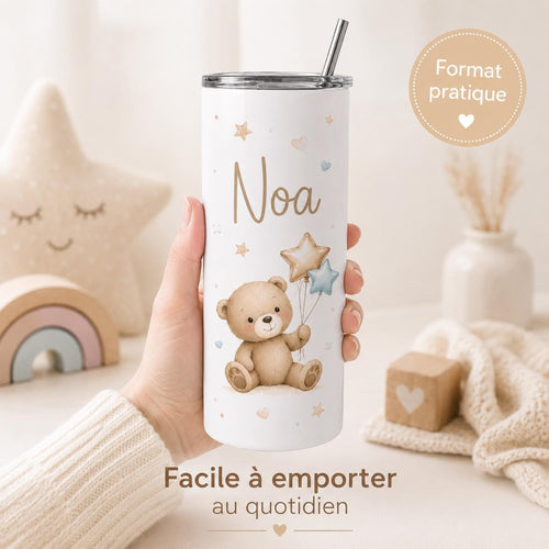 Gourde personnalisée enfant avec prénom – modèle nounours, isotherme 591 ml avec paille