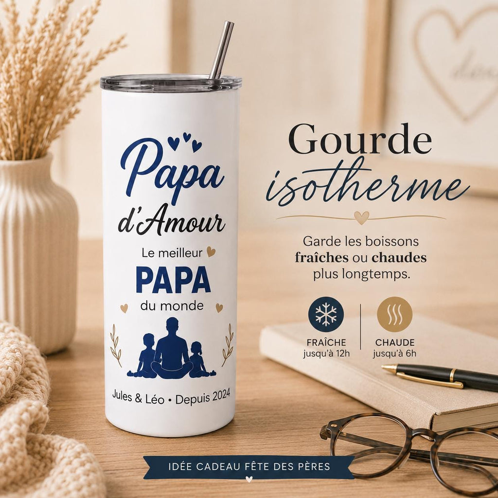 Gourde personnalisée papa avec prénom et date – cadeau fête des pères, bouteille isotherme 591 ml avec paille