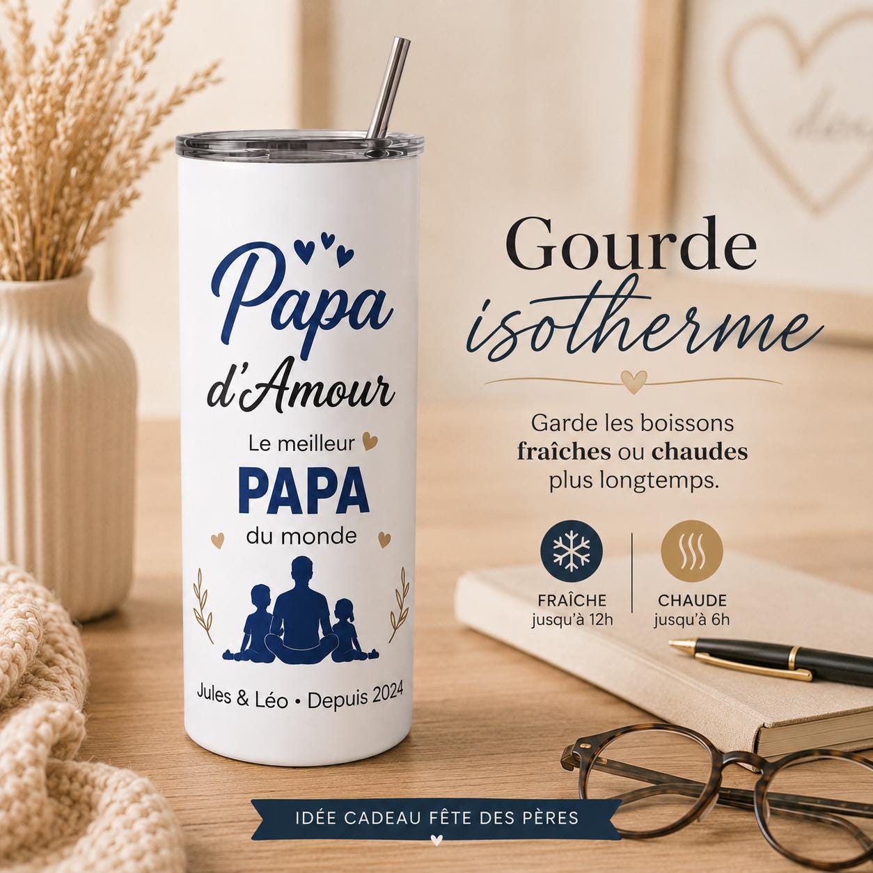 Gourde personnalisée papa avec prénom et date – cadeau fête des pères, bouteille isotherme 591 ml avec paille