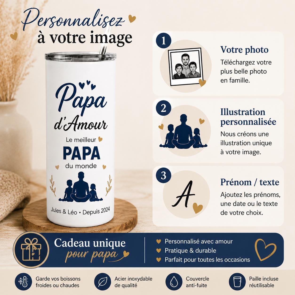Gourde personnalisée papa avec prénom et date – cadeau fête des pères, bouteille isotherme 591 ml avec paille
