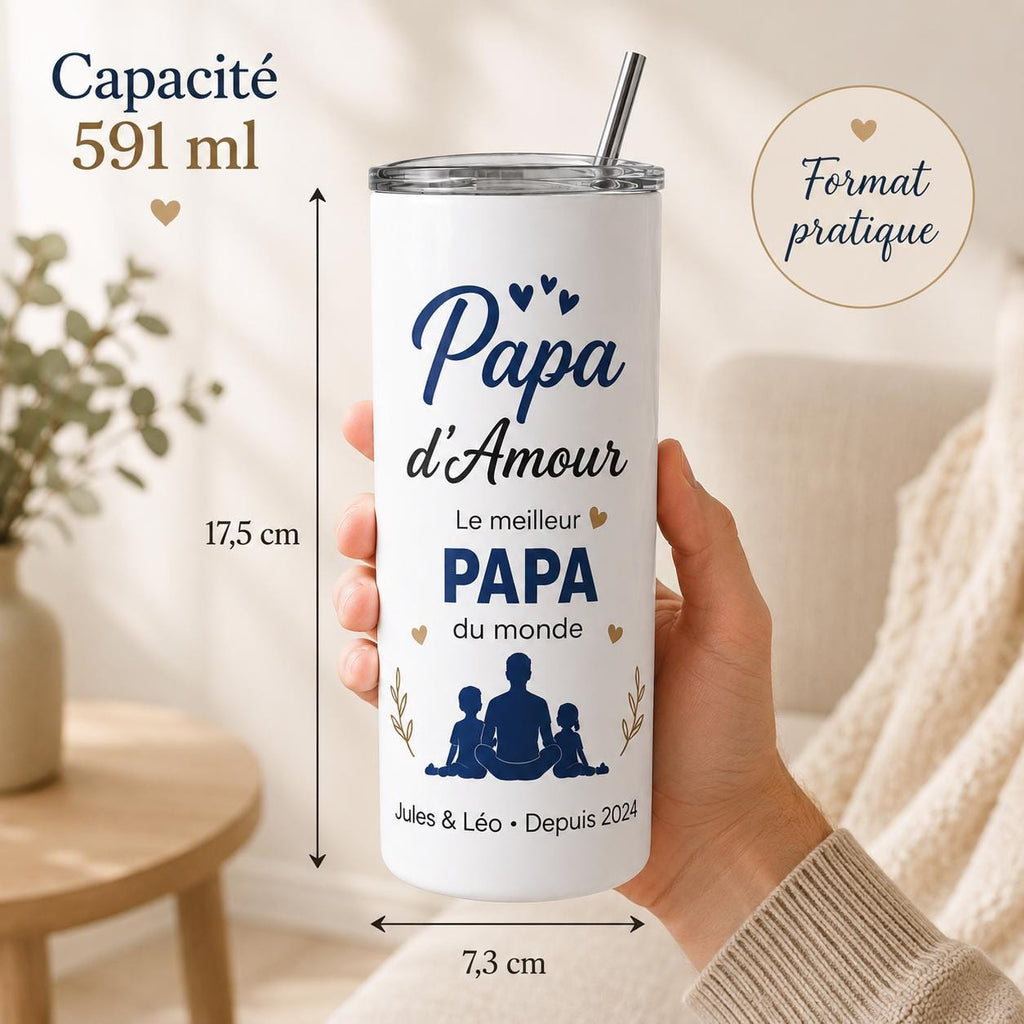 Gourde personnalisée papa avec prénom et date – cadeau fête des pères, bouteille isotherme 591 ml avec paille